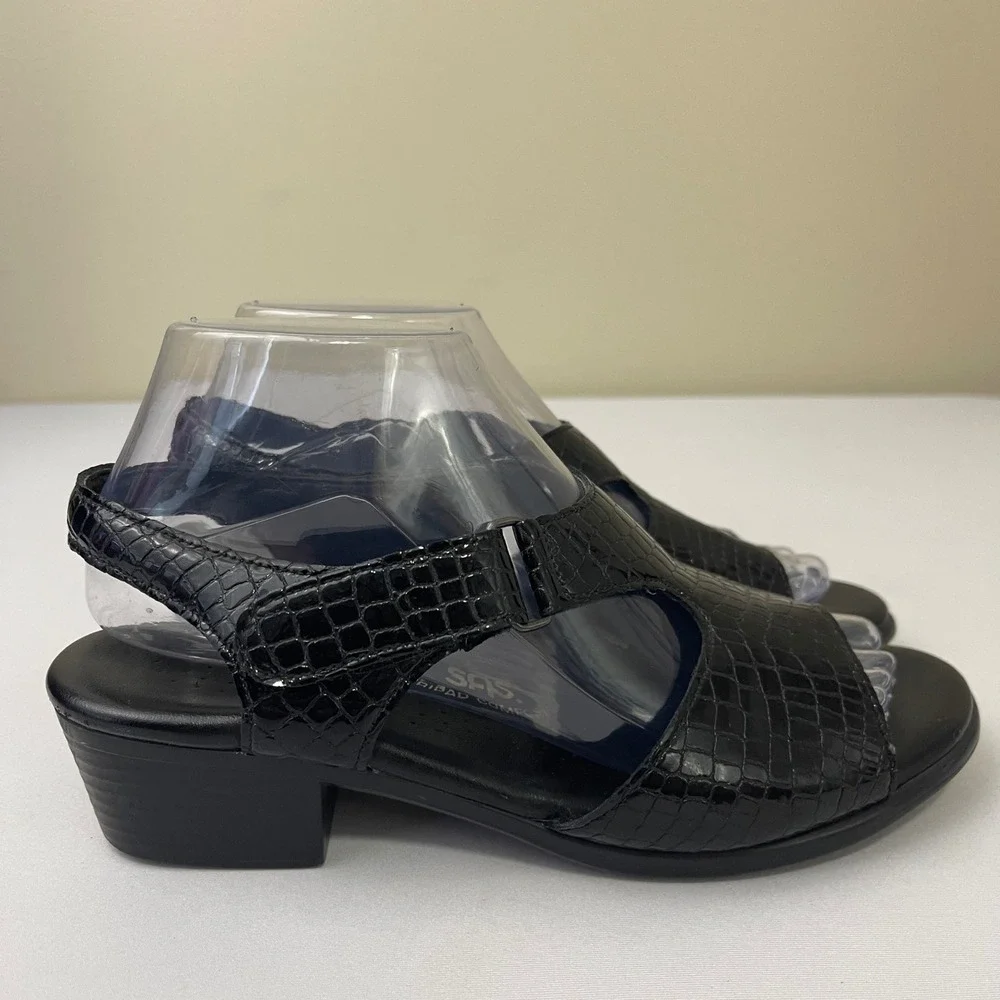 SAS Suntimer 7.5W‎ Black Croc Embossed Slingback Comfort Block Heel Sandals